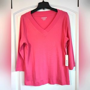 CHICO'S* SIZE LARGE *V NECK BAND* 3 QTR TOP * 3/4 LENGTH SLEEVES